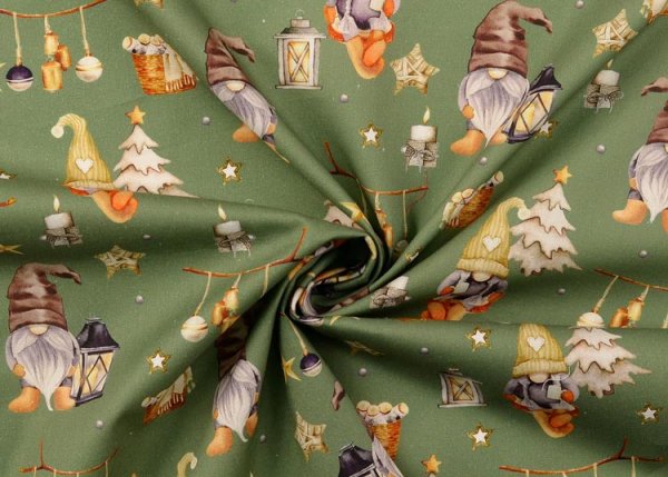 Elves and Laterns green christmas fabric cotton poplin